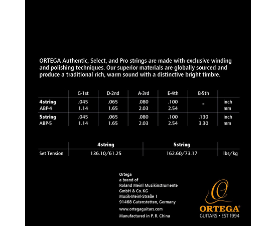 Струны для акустической бас-гитары Ortega ABP-4 Phosphor Bronze Coated Custom Made Pro, 45-100