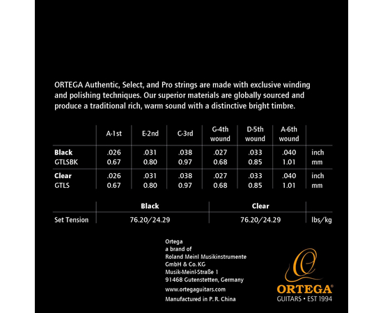 Струни для гіталеле Ortega GTLS Custom Nylon Coated Select