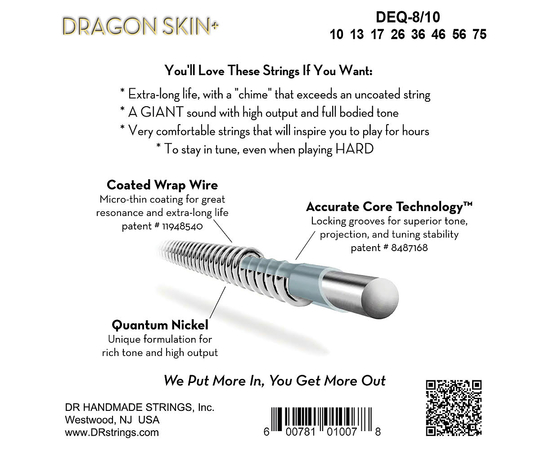 Струни для 8-струнної електрогітари DR Strings DRAGON SKIN+ Electric - Medium 8-String (10-75) (DEQ8-10)
